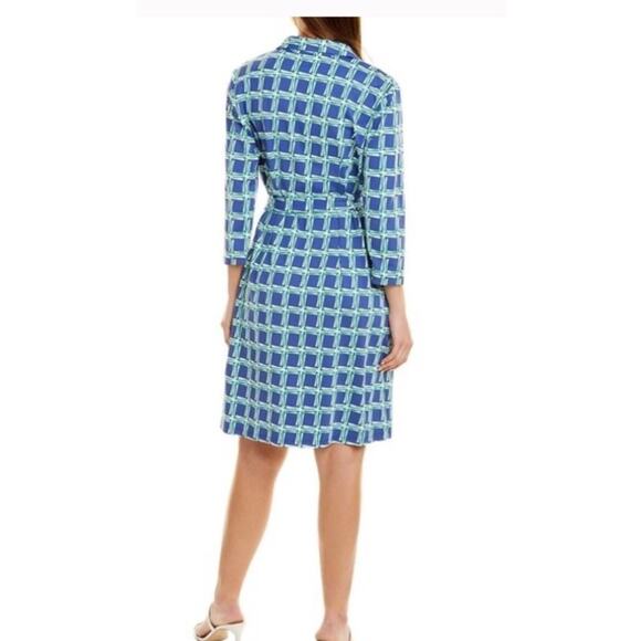 J. McLaughlin Women's Belted Dress SZ M Blue Square Print Stretch Retro 70s - Picture 2 of 11